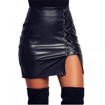 Sexy Leather Skirt New Fashion Bandage Lace Up Skirt Sexy Womens High Waist Pencil Short Mini Skirt